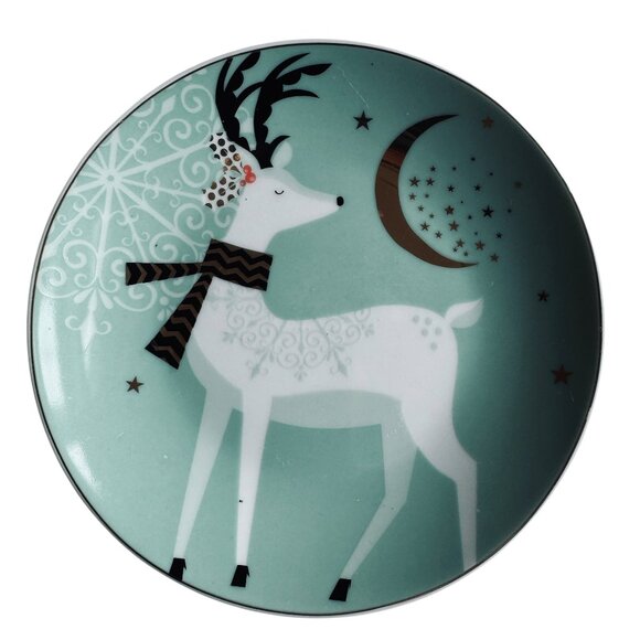 Vintage Pier 1 Christmas Reindeer Appetizer Dessert Plates Set Of 2 Aqua Festive - Picture 15 of 16